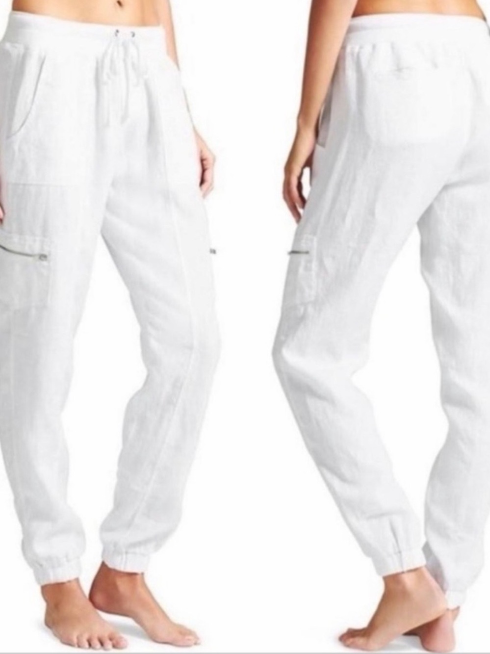 Athleta White 100% Linen Drawstring Cargo Straight Leg Jogger 14